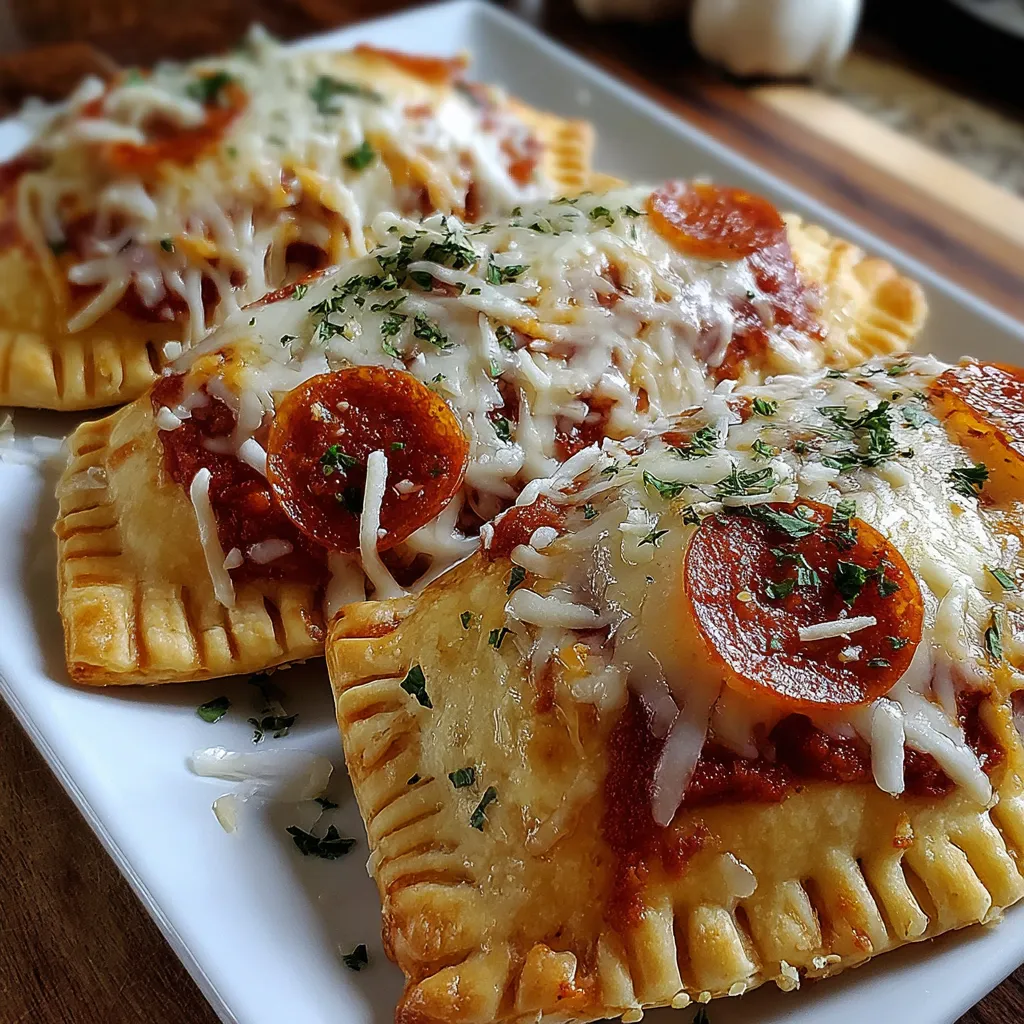 Three cheesy pizza pockets on a plate.