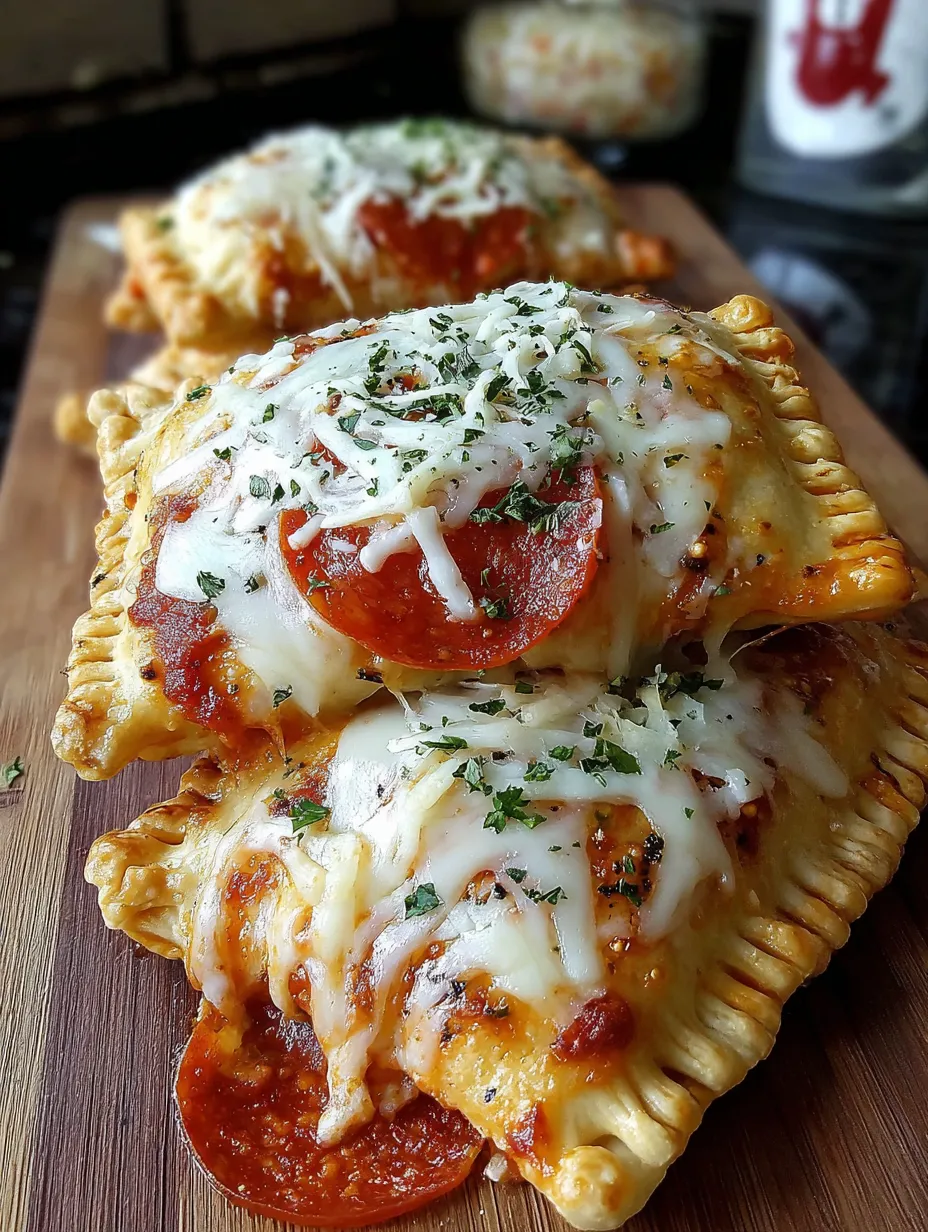 Three cheesy pizza pockets on a wooden board.