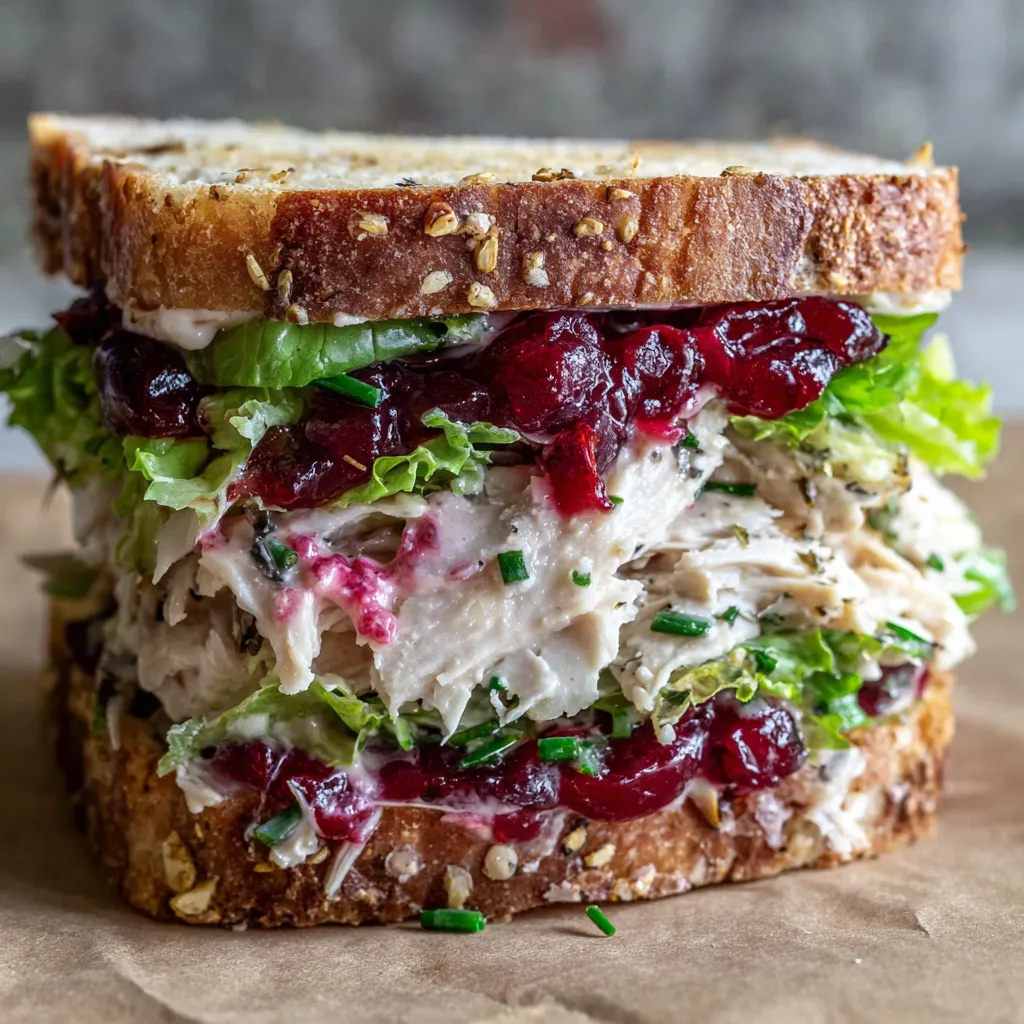 A sandwich with cranberry sauce and turkey.