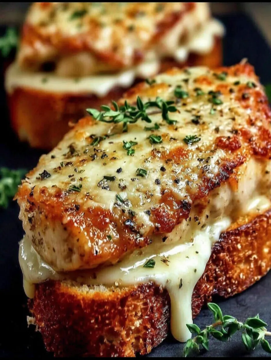 A close up of a chicken garlic sandwich.