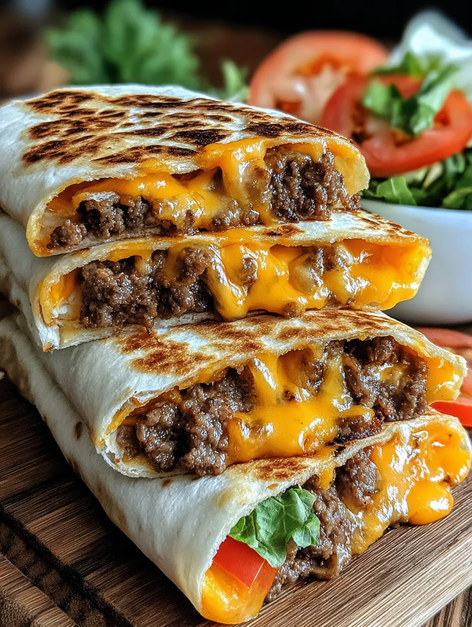 A grilled cheeseburger wrap with lettuce and tomato.