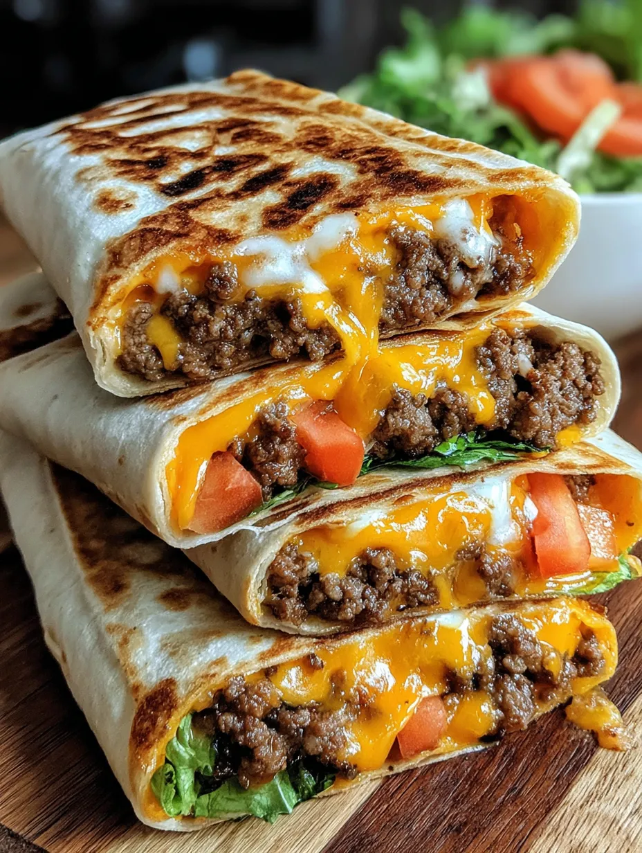 A grilled cheeseburger wrap with lettuce and tomato.