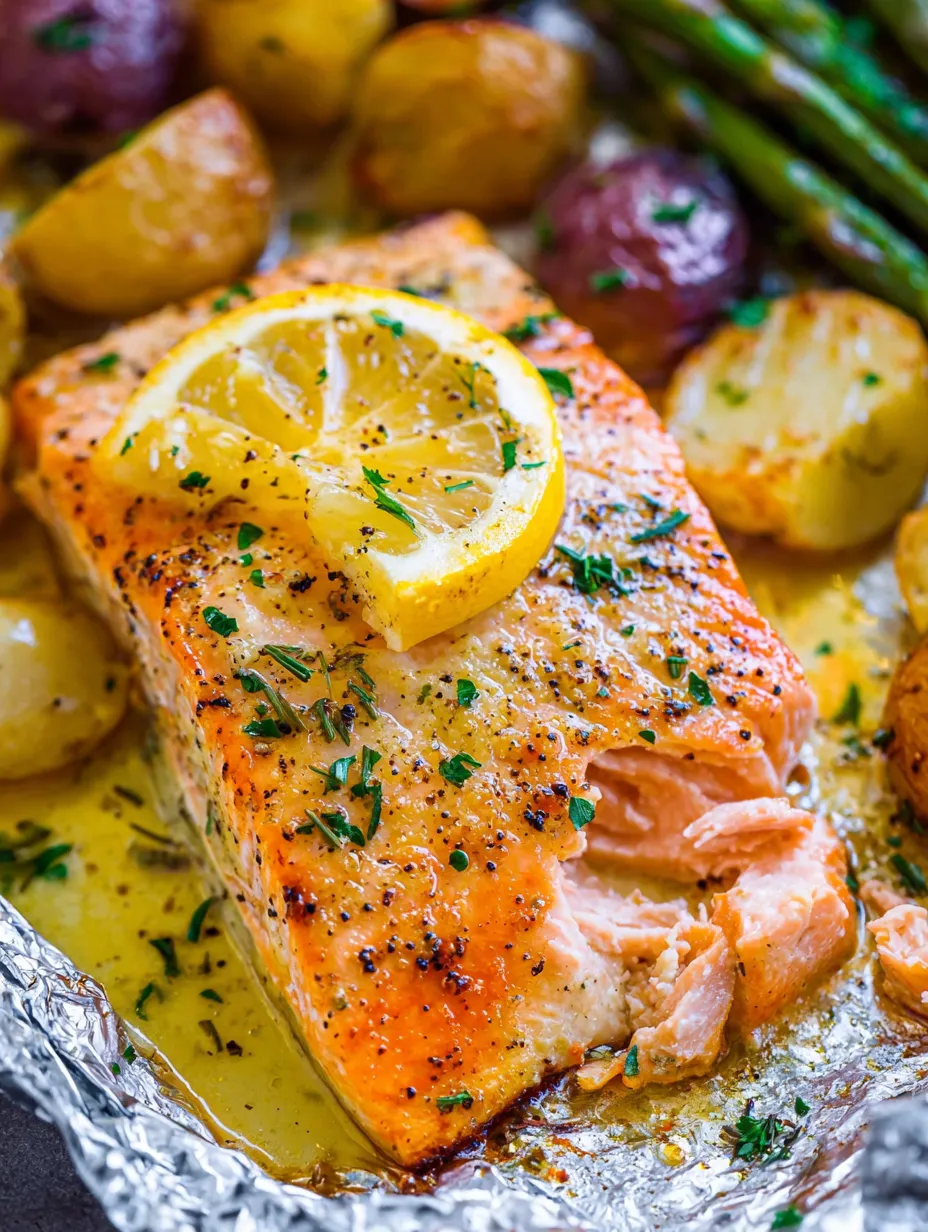 A piece of salmon with lemon and garlic butter on a sheet pan.