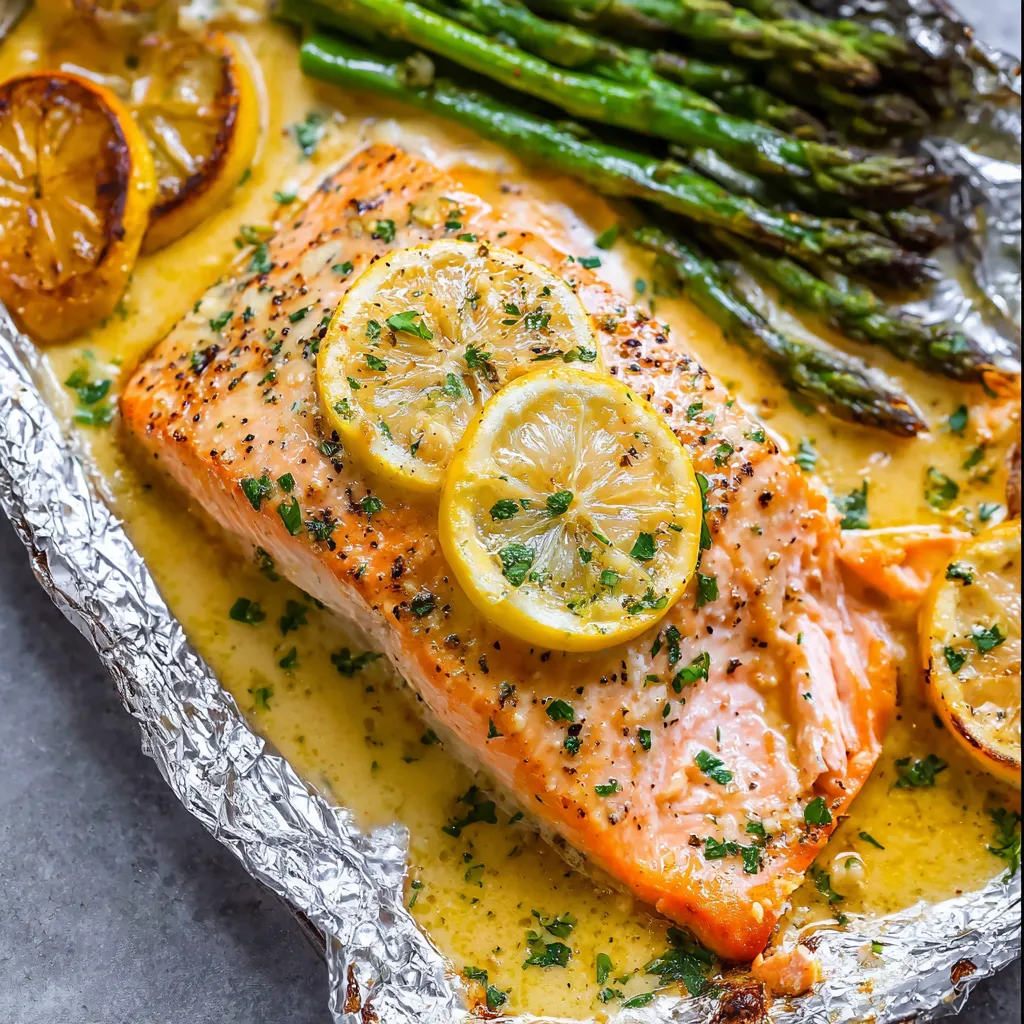 A piece of salmon with lemon and garlic butter on a sheet pan.