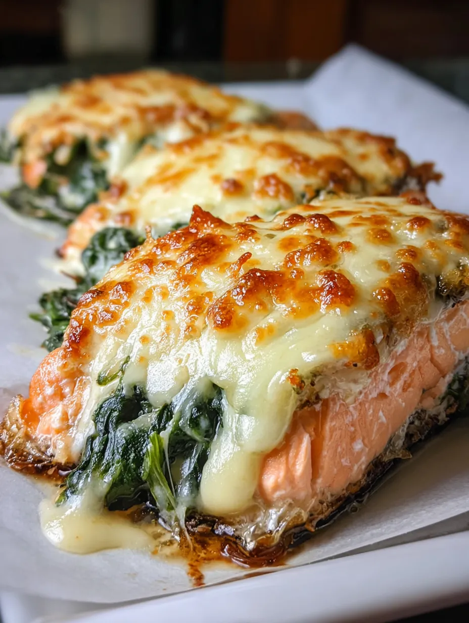 A close up of a baked salmon with spinach and mozzarella cheese.