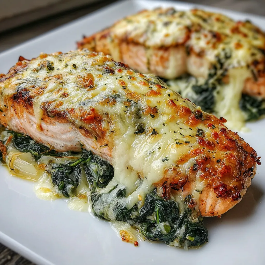 A delicious baked salmon with spinach and mozzarella cheese.