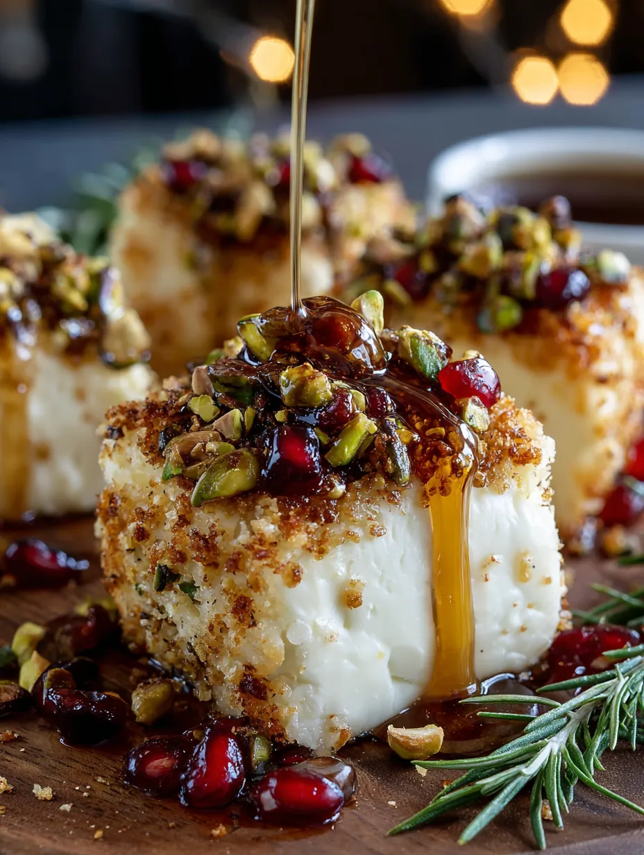 Pistachio-Crusted Brie Bites with a drizzle of caramel sauce.