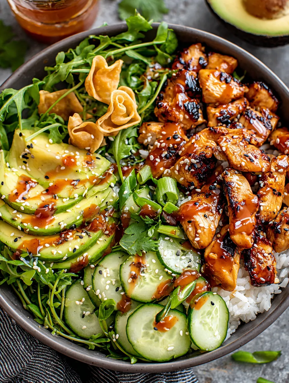 A bowl of food with chicken, rice, and vegetables.
