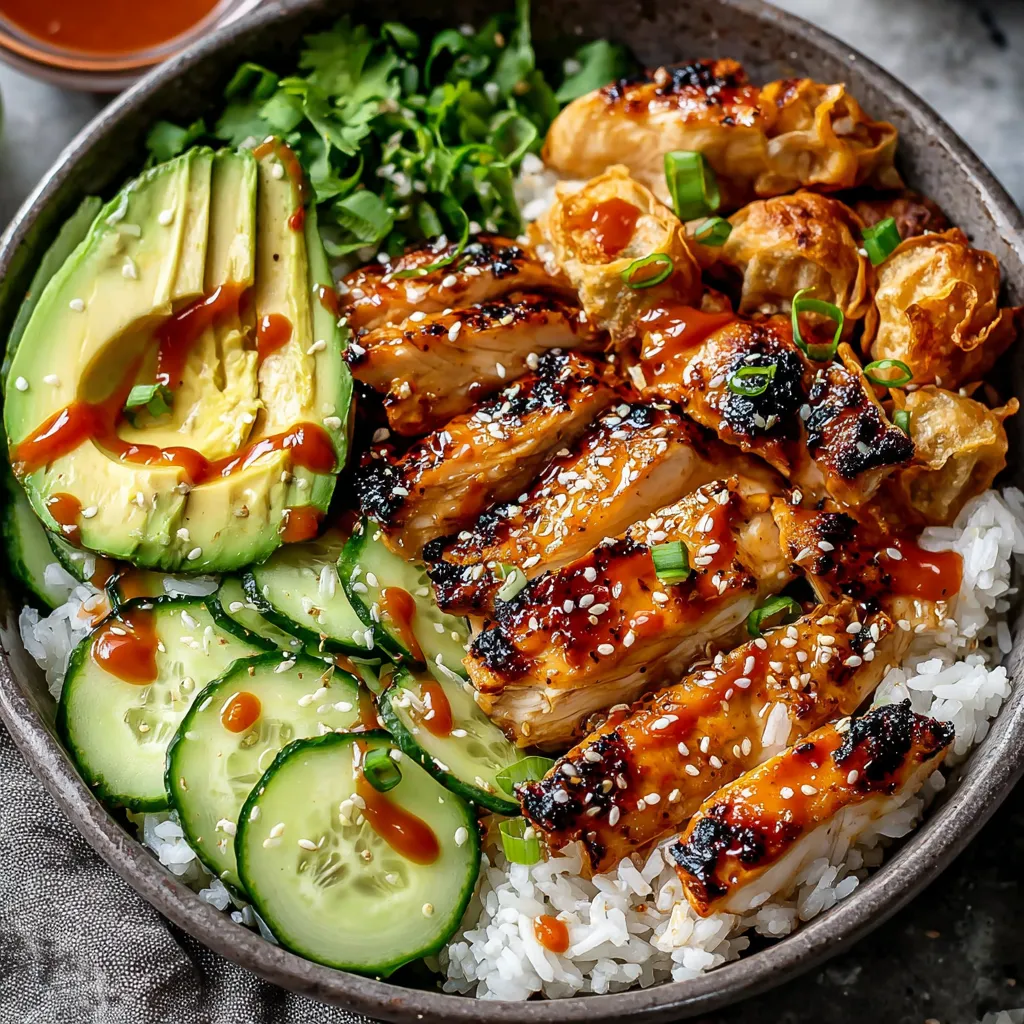 A bowl of food with chicken, rice, and vegetables.