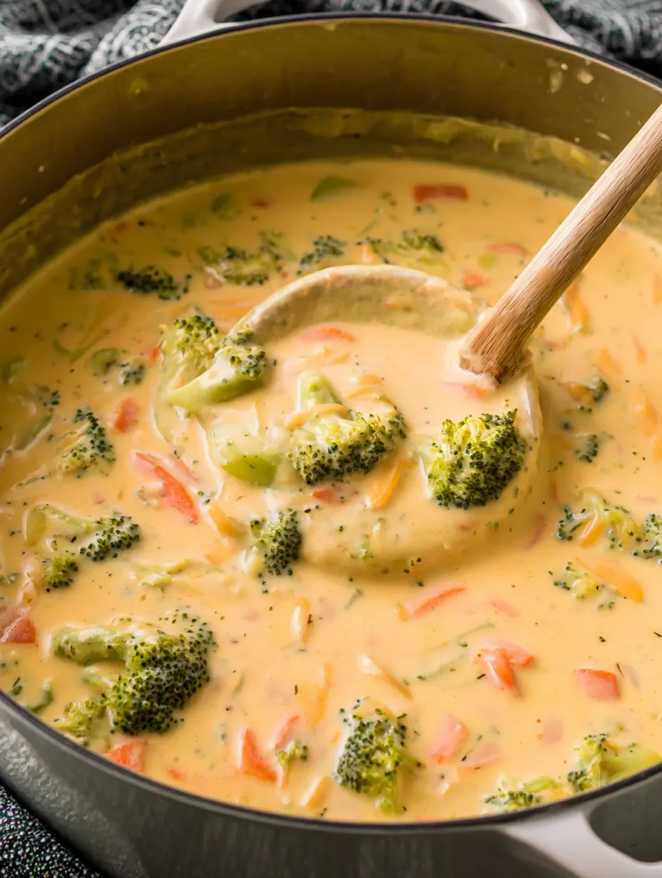 A bowl of soup with broccoli and carrots.