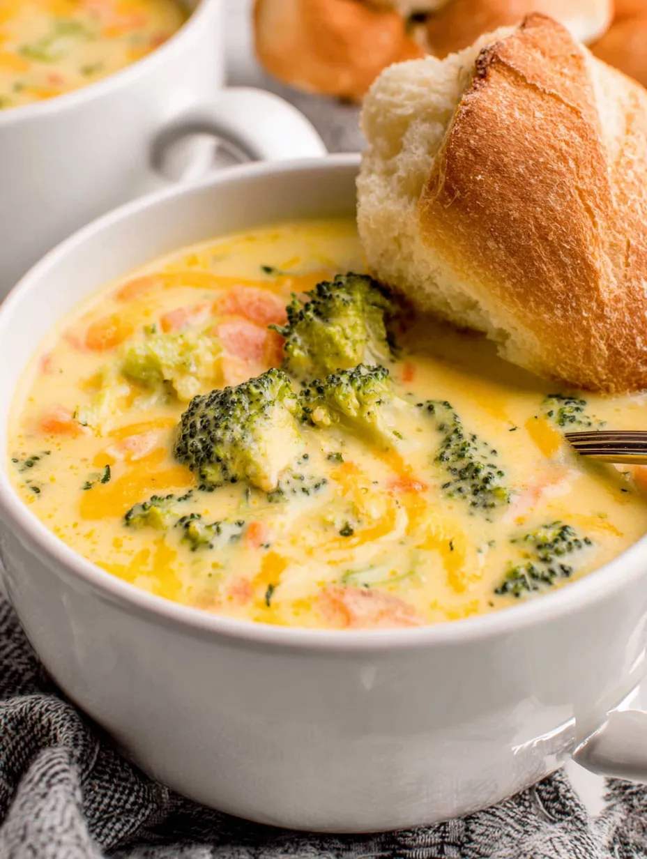 A bowl of soup with broccoli and a piece of bread.