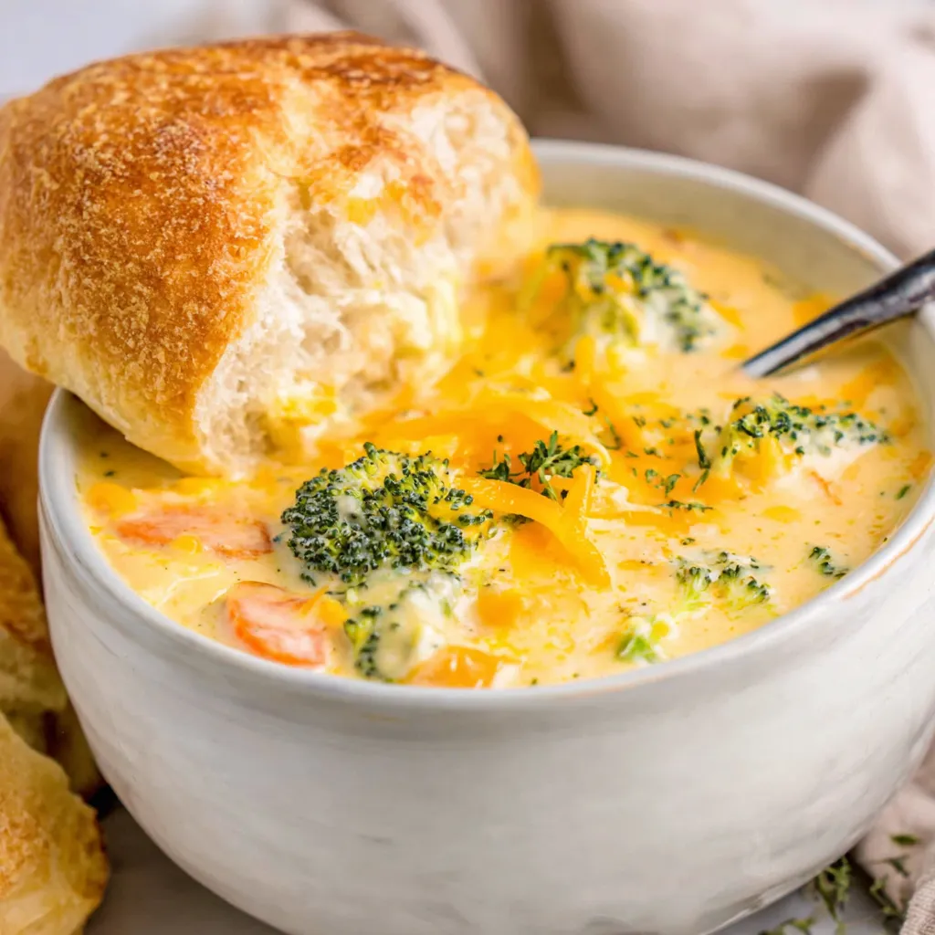 A bowl of soup with a piece of bread on top.