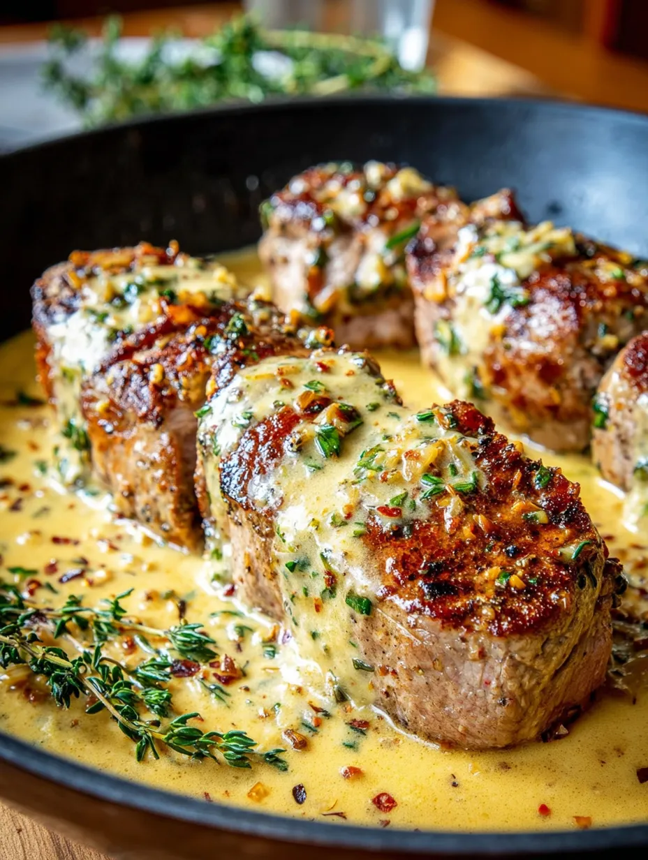 A delicious pork tenderloin with a creamy sauce.