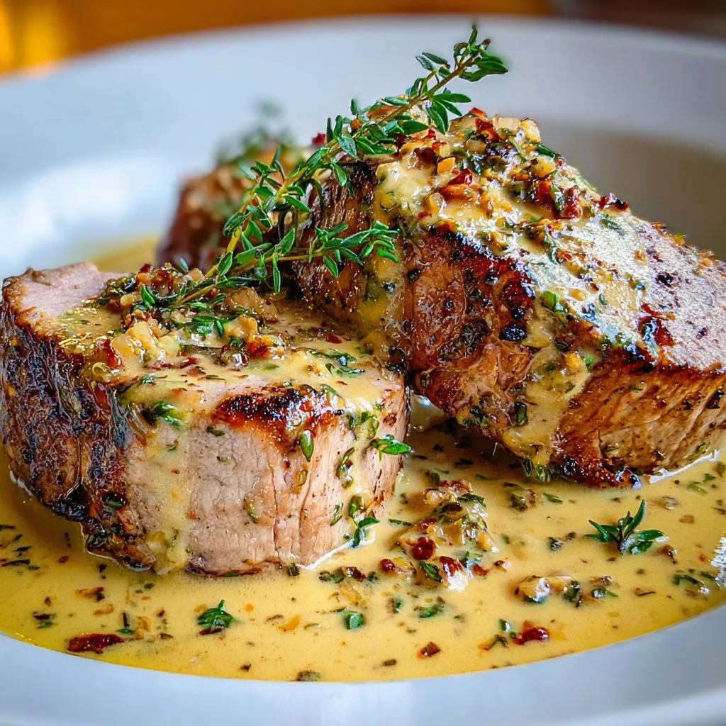 A plate of pork tenderloin with a cream sauce.