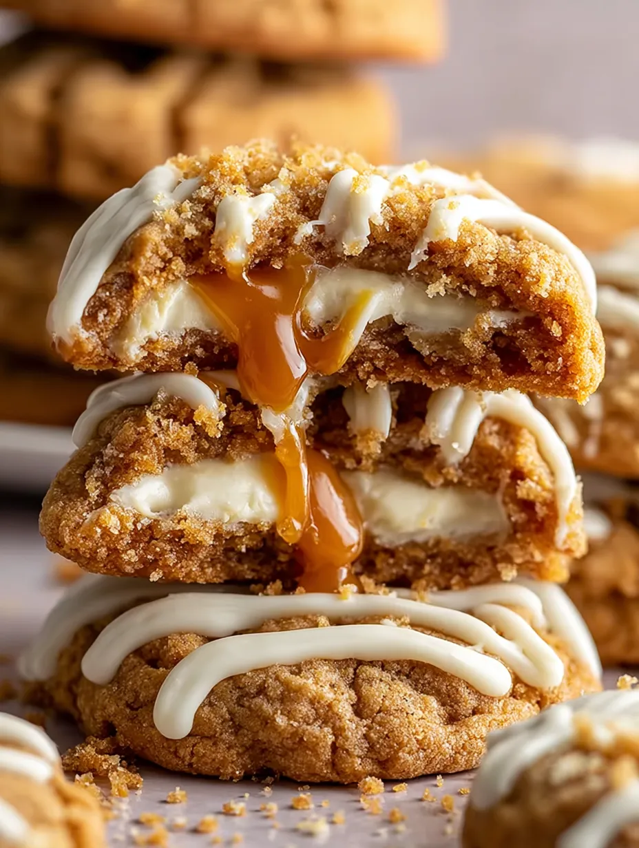 A stack of cookies with caramel drizzled on top.