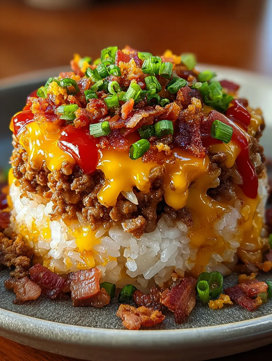 A close up of a bacon cheeseburger rice stack.