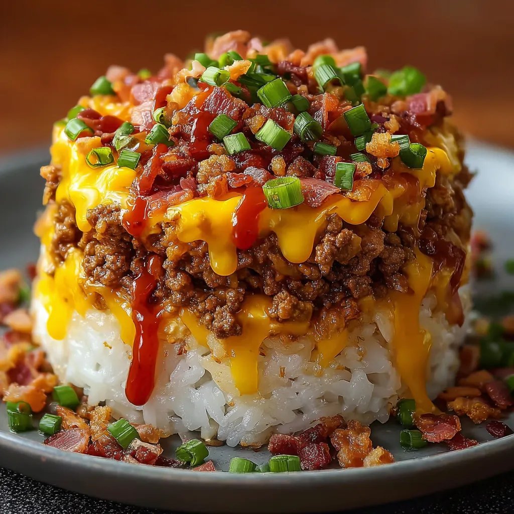 A stack of rice with bacon and cheese on top.