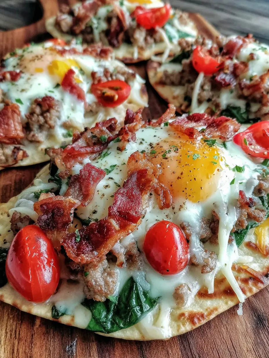 A breakfast flatbread with sausage and bacon.