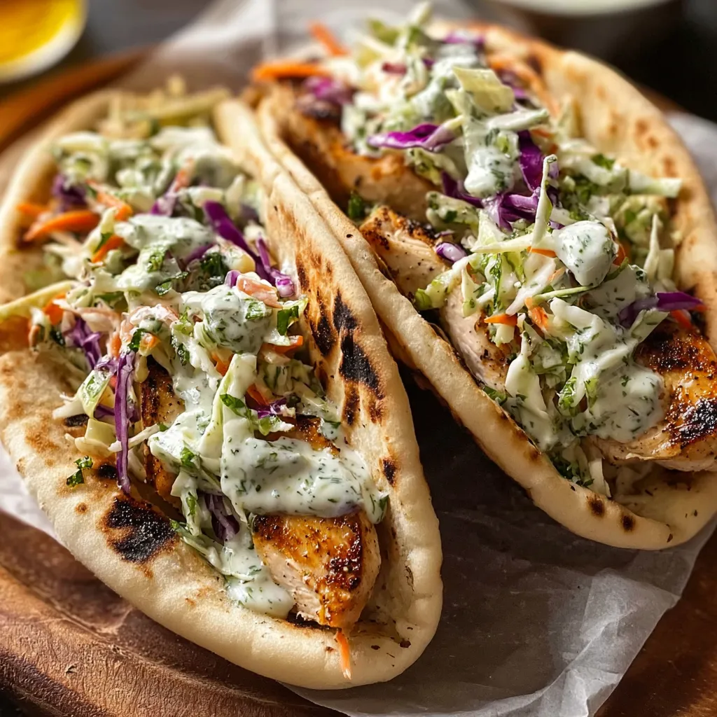 Two chicken pita sandwiches with herby ranch slaw.