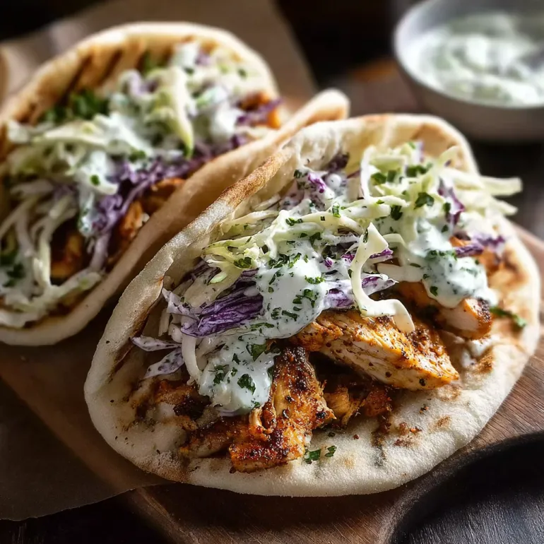 Two chicken pita sandwiches with herby ranch slaw.
