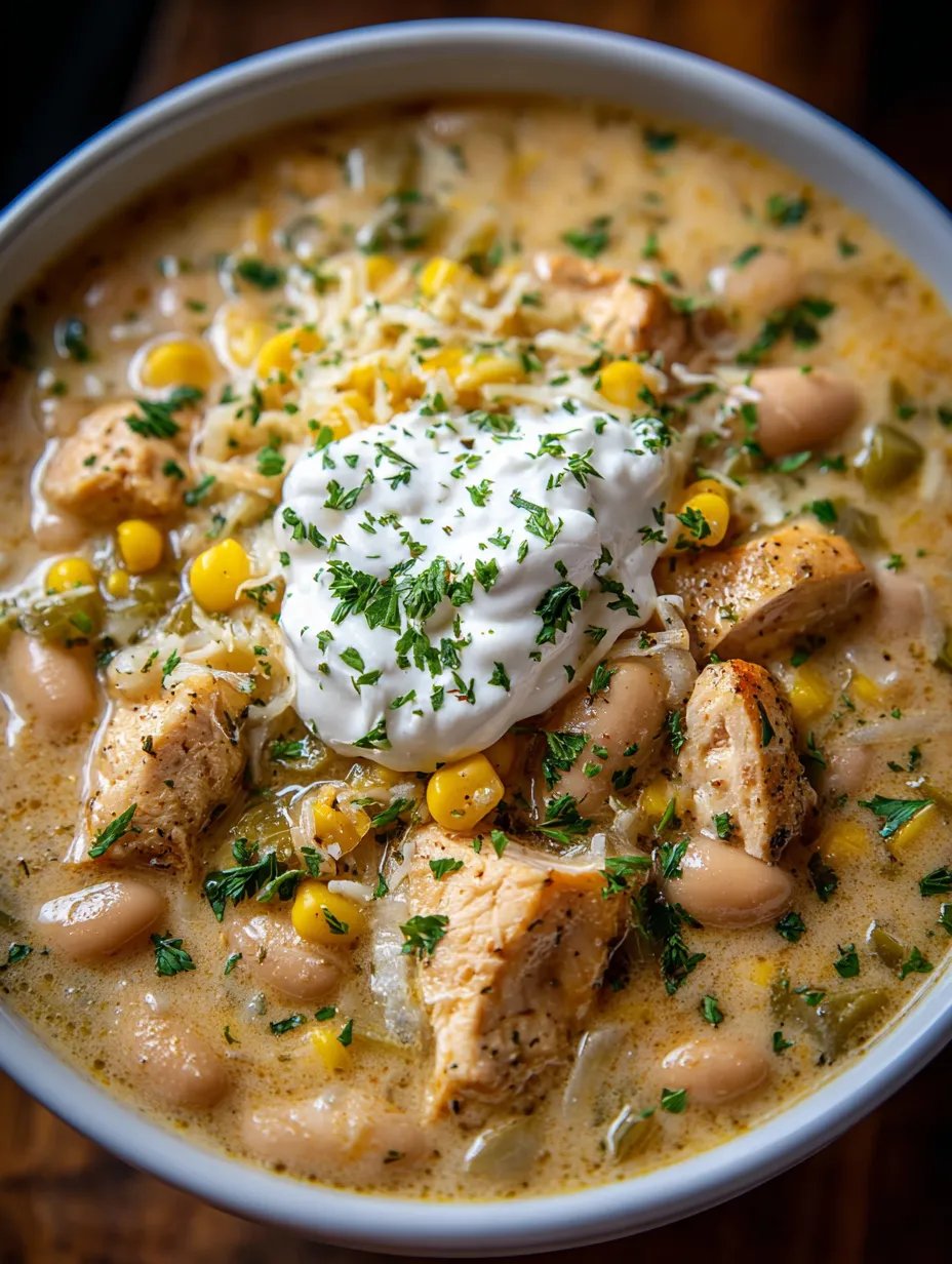 A bowl of white chicken chili with a dollop of sour cream on top.