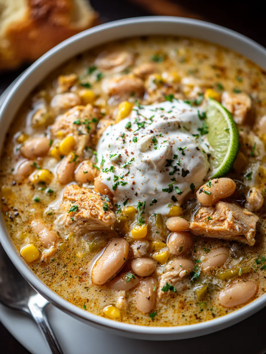 A bowl of white chicken chili with a lime wedge on top.