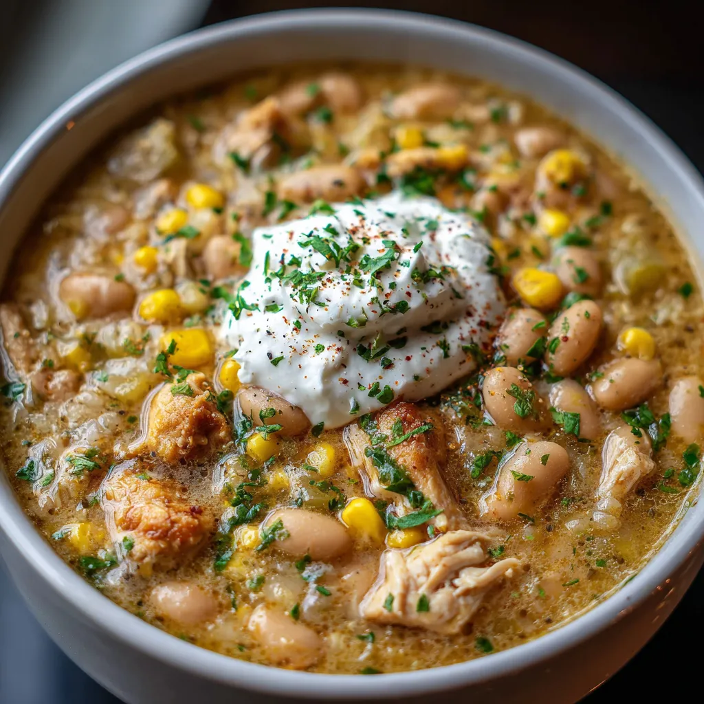 A bowl of white chicken chili.
