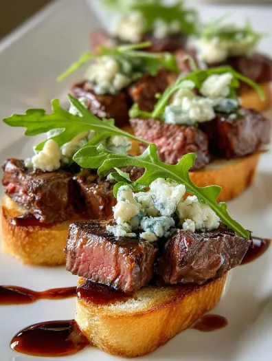 A plate of beef tenderloin and gorgonzola crostini.