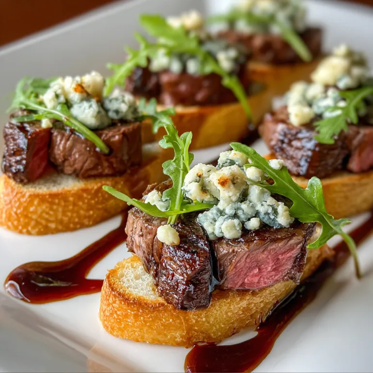 A plate of beef tenderloin and gorgonzola crostini.