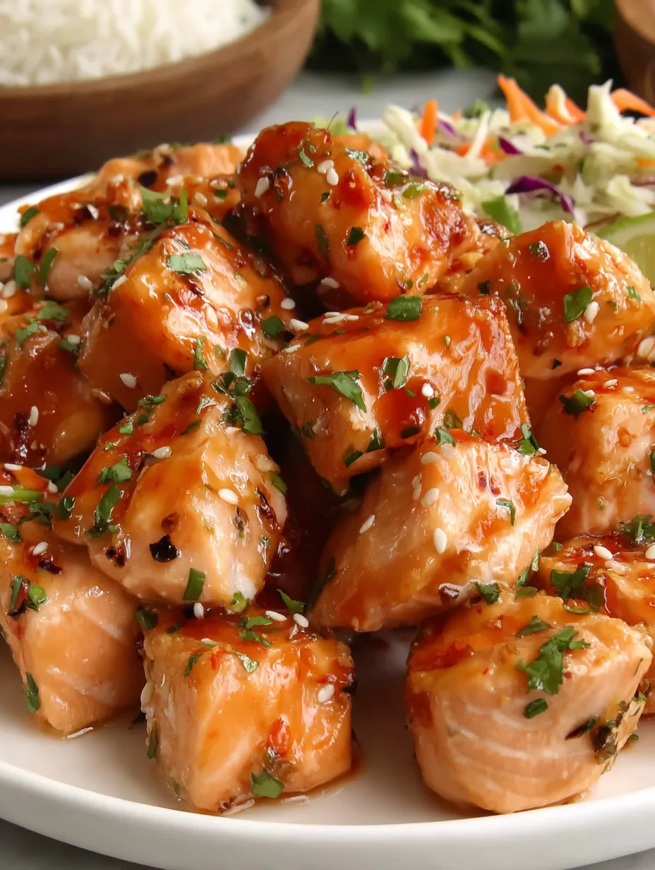 A plate of bang bang salmon bites.