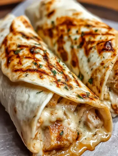 A close up of a cheesy garlic chicken wrap.