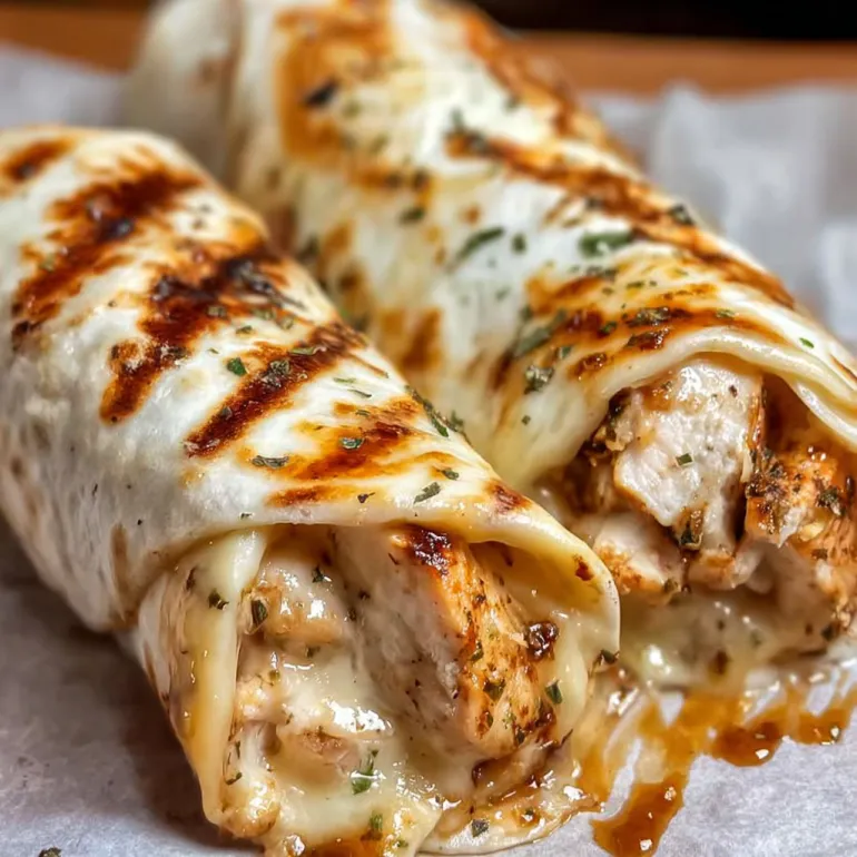A close up of a cheesy garlic chicken wrap.