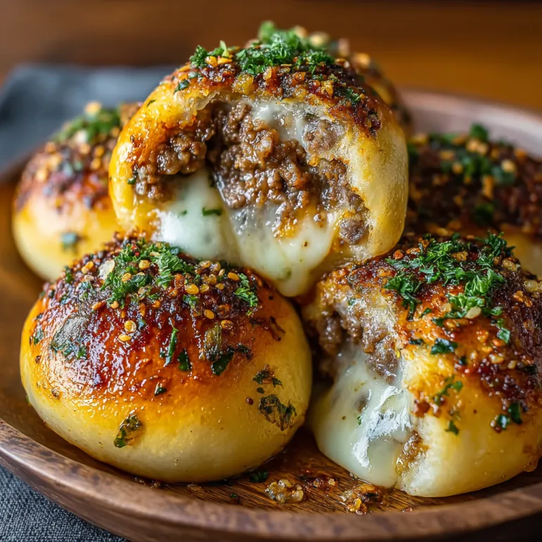 A plate of garlic Parmesan cheeseburger bombs.