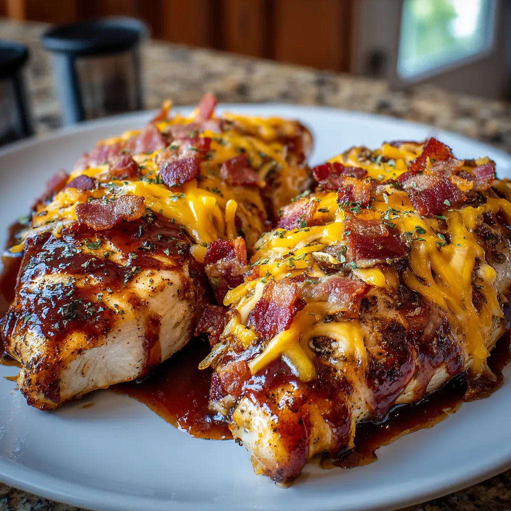 A plate of chicken with bacon and cheese.