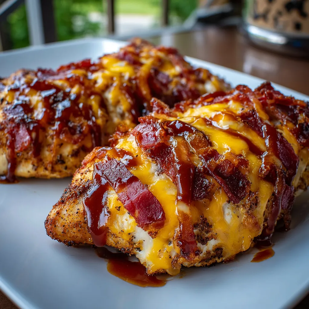 A plate of bacon chicken with cheese and barbecue sauce.