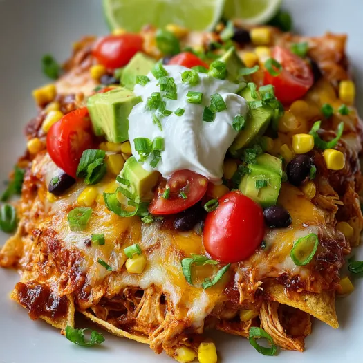 A plate of food with a chicken taco casserole.