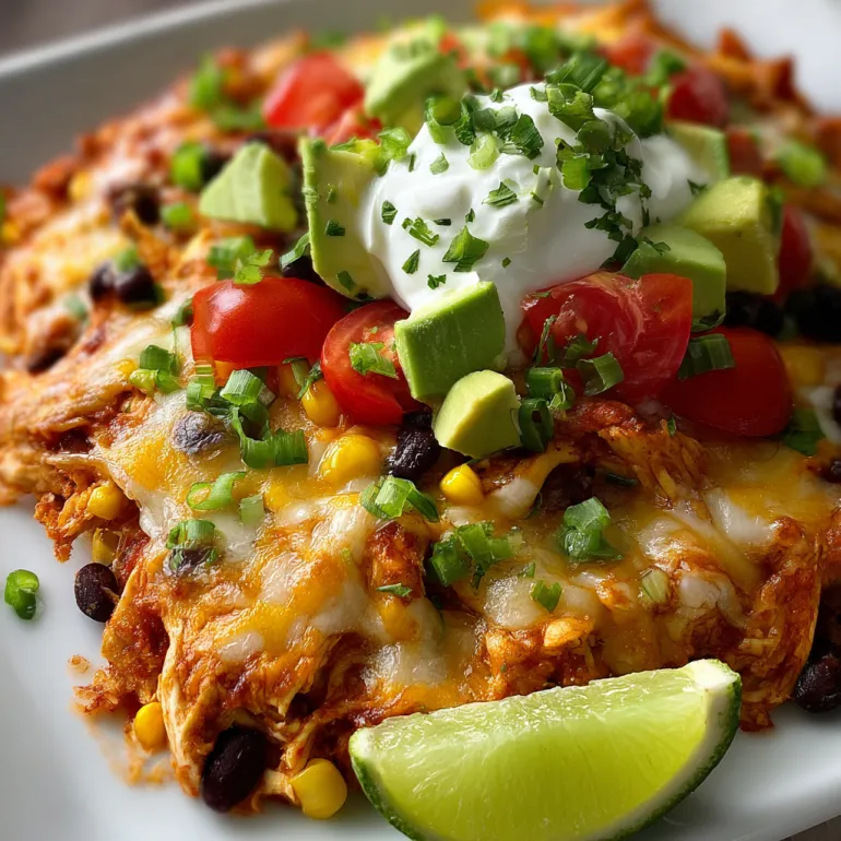A plate of chicken taco casserole with a white sauce.