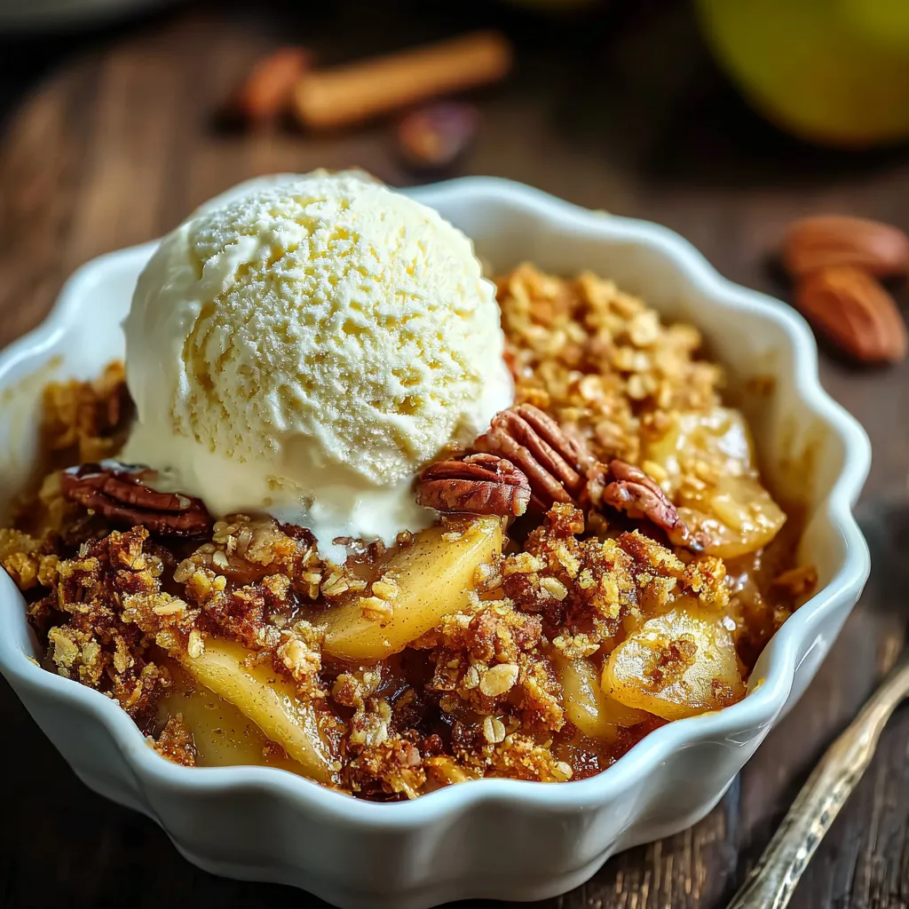 A bowl of warm spiced baked apple crumble.