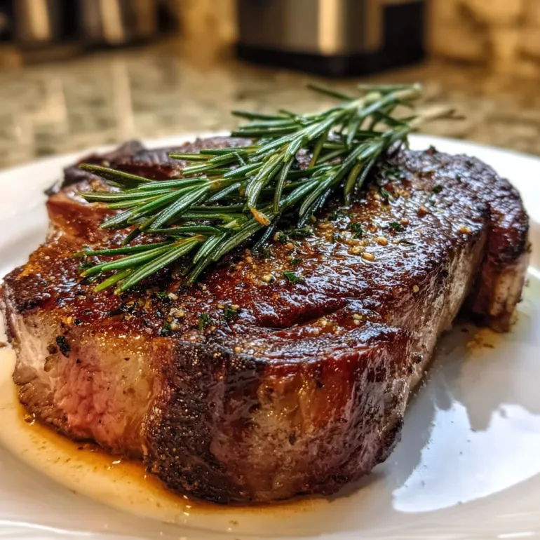 A bone-in ribeye roast with herbs on top.