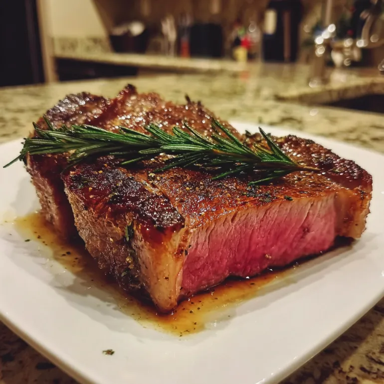 A bone-in ribeye roast with herbs on top.