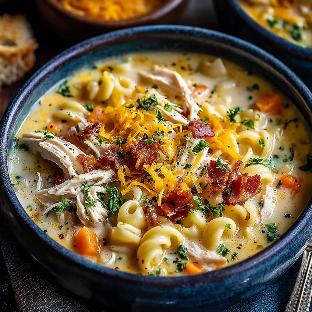 A bowl of creamy chicken macaroni cheese soup.