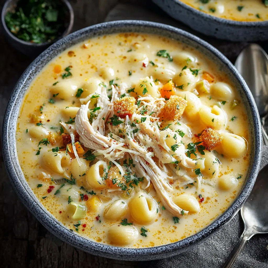 A bowl of creamy chicken macaroni cheese soup.