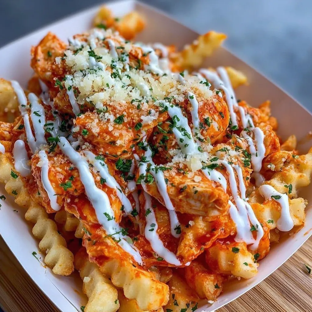A plate of buffalo chicken fries with cheese and sauce.
