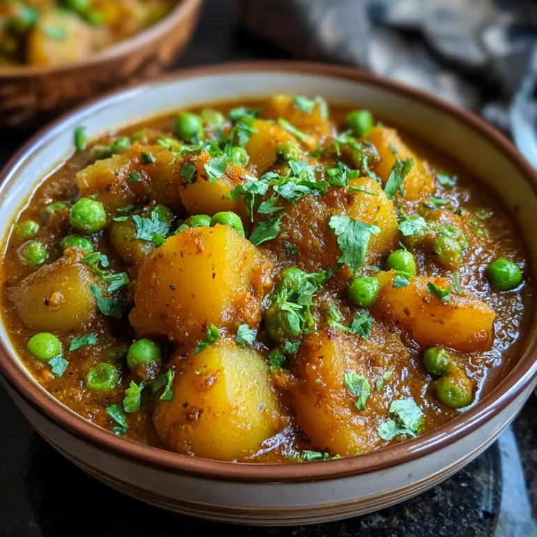A bowl of potato and pea curry.