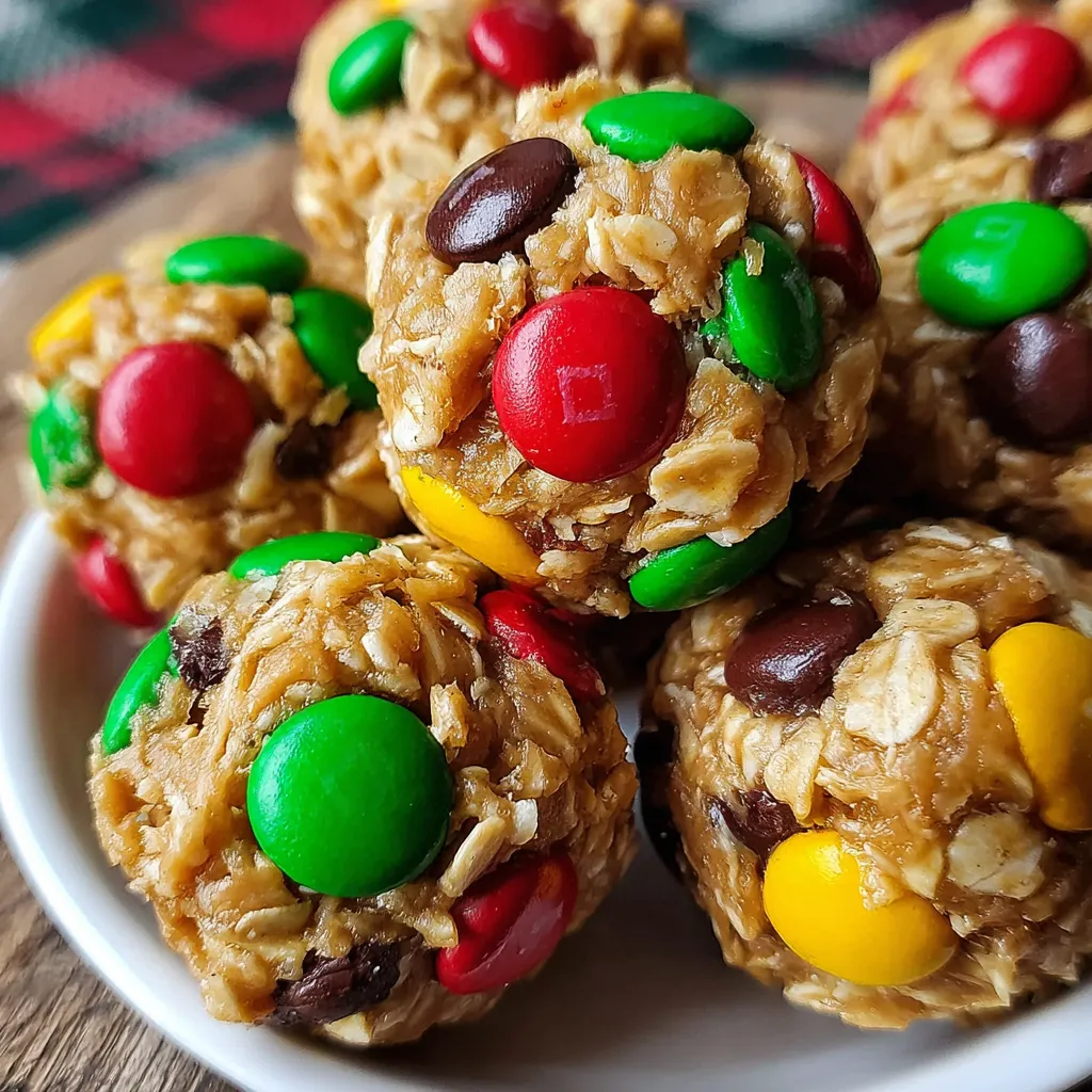 A plate of Christmas energy bites with green red yellow and brown colors.