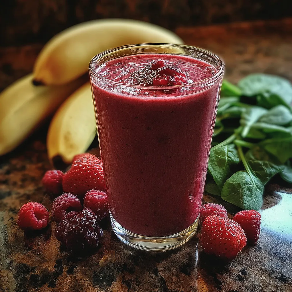 A glass of berry spinach smoothie with a banana on the side.