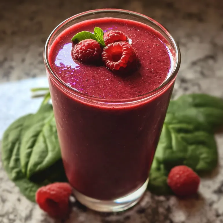 A glass of berry spinach smoothie with a strawberry on top.