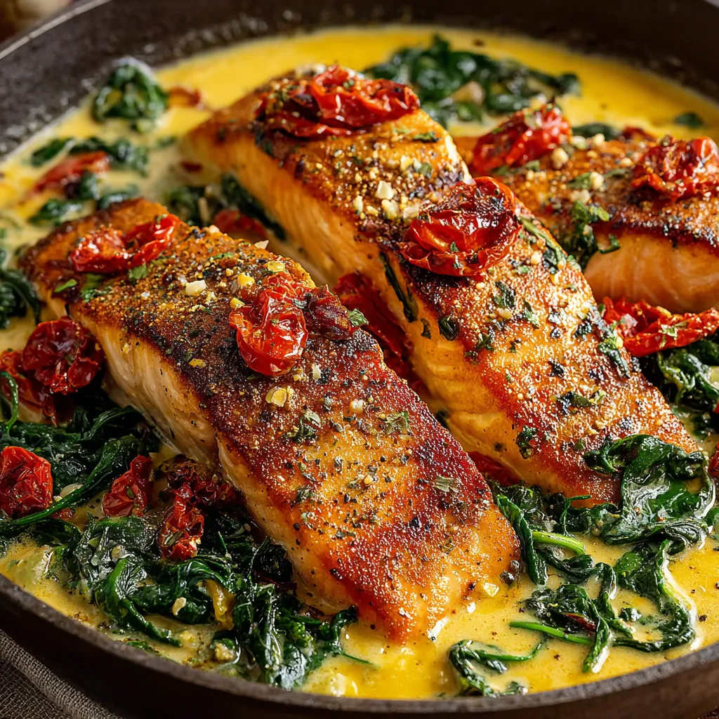 A pan of salmon with tomatoes and herbs.