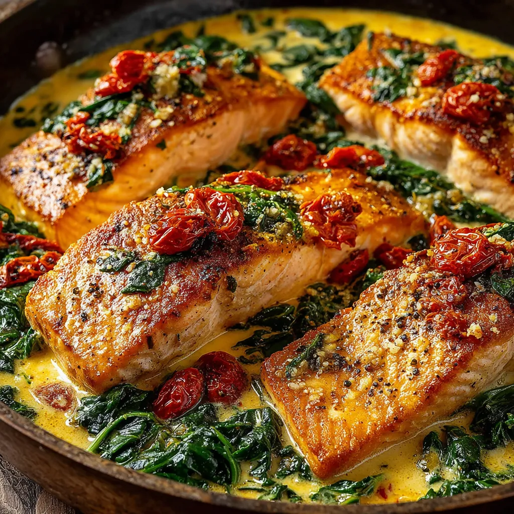 A pan of salmon with a creamy sauce.