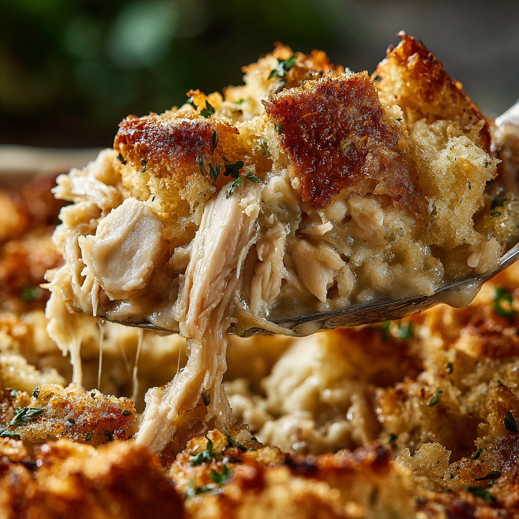 A fork is being used to eat a chicken stuffing casserole.